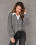 Cambridge Charm Cable Knit Collared V-Neck Sweater