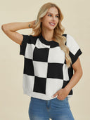 Double Take Full Size Checkered Round Neck Short Sleeve Sweater-Tops-Rae Collective, Women's Online Fashion Boutique Located in Phoenix, Arizona (Scottsdale Area)