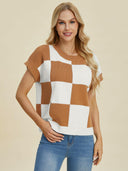 Double Take Full Size Checkered Round Neck Short Sleeve Sweater-Tops-Rae Collective, Women's Online Fashion Boutique Located in Phoenix, Arizona (Scottsdale Area)