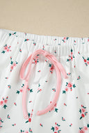 Pink Floral Lace Trim Ribbed Lounge Set