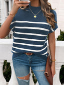 Between the Lines Striped Mock Neck Short Sleeve Sweater-Tops-Rae Collective, Women's Online Fashion Boutique Located in Phoenix, Arizona (Scottsdale Area)