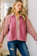 Pink Fleece Jacket with Sequin Long Sleeves & Snap Button Closure-Jackets-Krush Kandy, Women's Online Fashion Boutique Located in Phoenix, Arizona (Scottsdale Area)