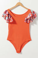 Ruffle Sleeve Ribbed Orange Body Suit-Bodysuits-Rae Collective, Women's Online Fashion Boutique Located in Phoenix, Arizona (Scottsdale Area)