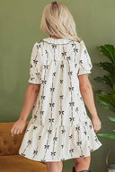 Beige V-Neck Mini Dress with Bubble Sleeves and Bowtie Print-Dresses-Rae Collective, Women's Online Fashion Boutique Located in Phoenix, Arizona (Scottsdale Area)