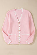 Pink Scalloped-Edge Ribbed Knit Cardigan-Cardigans-Krush Kandy, Women's Online Fashion Boutique Located in Phoenix, Arizona (Scottsdale Area)