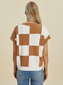 Double Take Full Size Checkered Round Neck Short Sleeve Sweater-Tops-Rae Collective, Women's Online Fashion Boutique Located in Phoenix, Arizona (Scottsdale Area)