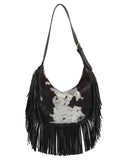 Wild West Fringe Cow Print Hobo Bag