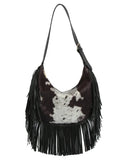 Wild West Fringe Cow Print Hobo Bag
