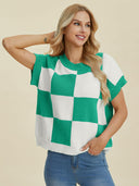 Double Take Full Size Checkered Round Neck Short Sleeve Sweater-Tops-Rae Collective, Women's Online Fashion Boutique Located in Phoenix, Arizona (Scottsdale Area)