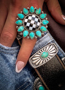 Turquoise & Checkered Sunflower Ring MADE TO ORDER-Statement Rings-Rae Collective, Women's Online Fashion Boutique Located in Phoenix, Arizona (Scottsdale Area)