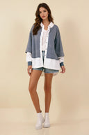 Contrast Bottom & Sleeve Layered Collared French Terry Cardigan Jacket-Jackets-Krush Kandy, Women's Online Fashion Boutique Located in Phoenix, Arizona (Scottsdale Area)