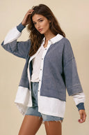 Contrast Bottom & Sleeve Layered Collared French Terry Cardigan Jacket-Jackets-Krush Kandy, Women's Online Fashion Boutique Located in Phoenix, Arizona (Scottsdale Area)