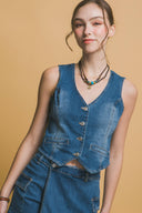 Blue Jean Baby V-Neck Denim Vest-Tops-Rae Collective, Women's Online Fashion Boutique Located in Phoenix, Arizona (Scottsdale Area)