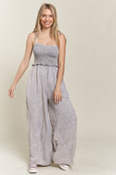 Mineral Wash Smocked Adjustable Jumpsuit-Jumpsuits & Rompers-Krush Kandy, Women's Online Fashion Boutique Located in Phoenix, Arizona (Scottsdale Area)