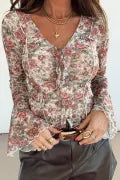 Floral Print Stitched Detail Tie V Neck Long Bell Sleeve Blouse