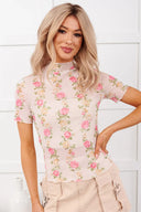 Beige Floral Mesh Mock Neck Top