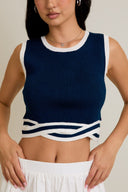 Navy Wave-Trim Cropped Knit Top-Tanks-Krush Kandy, Women's Online Fashion Boutique Located in Phoenix, Arizona (Scottsdale Area)