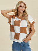 Double Take Full Size Checkered Round Neck Short Sleeve Sweater-Tops-Rae Collective, Women's Online Fashion Boutique Located in Phoenix, Arizona (Scottsdale Area)