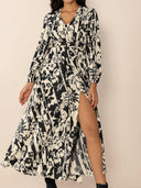 Tied Printed V-Neck Long Sleeve Midi Dress-Rae Collective, Women's Online Fashion Boutique Located in Phoenix, Arizona (Scottsdale Area)