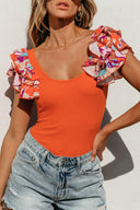 Ruffle Sleeve Ribbed Orange Body Suit-Bodysuits-Krush Kandy, Women's Online Fashion Boutique Located in Phoenix, Arizona (Scottsdale Area)