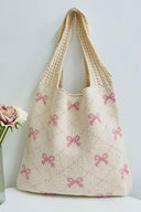 Beige Knit Shoulder Bag with Pink Bow Accents-handbags-Krush Kandy, Women's Online Fashion Boutique Located in Phoenix, Arizona (Scottsdale Area)