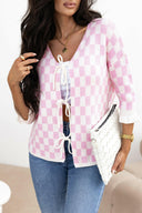 Checkered Tie-Front 3/4 Sleeve Soft Knit Cardigan-Cardigans-Krush Kandy, Women's Online Fashion Boutique Located in Phoenix, Arizona (Scottsdale Area)