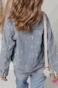 Bow Knot Print Light Wash Raw Hem Denim Jacket-Jacket-Krush Kandy, Women's Online Fashion Boutique Located in Phoenix, Arizona (Scottsdale Area)