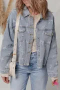 Bow Knot Print Light Wash Raw Hem Denim Jacket-Jacket-Krush Kandy, Women's Online Fashion Boutique Located in Phoenix, Arizona (Scottsdale Area)