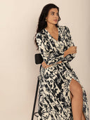 Tied Printed V-Neck Long Sleeve Midi Dress-Rae Collective, Women's Online Fashion Boutique Located in Phoenix, Arizona (Scottsdale Area)