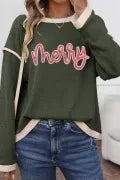 Merry Patched Graphic Contrast Trim Christmas Knitted Long Sleeve Top-Long Sleeve Tops-Krush Kandy, Women's Online Fashion Boutique Located in Phoenix, Arizona (Scottsdale Area)