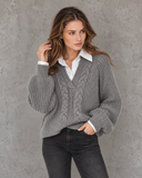Cambridge Charm Cable Knit Collared V-Neck Sweater