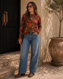 Sheer Floral Print Lettuce Trim Long Sleeve Mesh Top