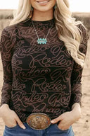 Black Western Rodeo Mock Neck Mesh Top-Long Sleeve Tops-Rae Collective, Women's Online Fashion Boutique Located in Phoenix, Arizona (Scottsdale Area)