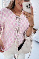 Checkered Tie-Front 3/4 Sleeve Soft Knit Cardigan-Cardigans-Krush Kandy, Women's Online Fashion Boutique Located in Phoenix, Arizona (Scottsdale Area)