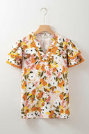 Ruffled Notched Short Sleeve Floral Blouse-Tops-Rae Collective, Women's Online Fashion Boutique Located in Phoenix, Arizona (Scottsdale Area)