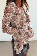 Floral Print Stitched Detail Tie V Neck Long Bell Sleeve Blouse