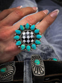 Turquoise & Checkered Sunflower Ring MADE TO ORDER-Statement Rings-Rae Collective, Women's Online Fashion Boutique Located in Phoenix, Arizona (Scottsdale Area)