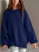 Double Take Side Slit Round Neck Long Sleeve Sweater-Sweaters-Rae Collective, Women's Online Fashion Boutique Located in Phoenix, Arizona (Scottsdale Area)