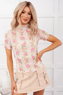 Beige Floral Mesh Mock Neck Top