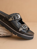 Black Double Western Buckle Slides