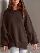 Double Take Side Slit Round Neck Long Sleeve Sweater-Sweaters-Rae Collective, Women's Online Fashion Boutique Located in Phoenix, Arizona (Scottsdale Area)