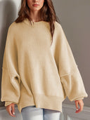Double Take Side Slit Round Neck Long Sleeve Sweater-Sweaters-Rae Collective, Women's Online Fashion Boutique Located in Phoenix, Arizona (Scottsdale Area)
