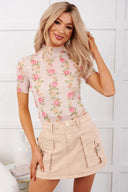 Beige Floral Mesh Mock Neck Top
