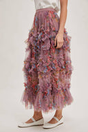 Floral Ruffled Mesh Midi Skirt-Skirts-Rae Collective, Women's Online Fashion Boutique Located in Phoenix, Arizona (Scottsdale Area)
