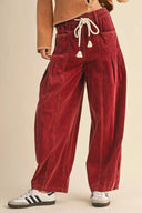 Racing Red Elastic Waist Drawstring Corduroy Casual Pants