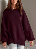 Double Take Side Slit Round Neck Long Sleeve Sweater-Sweaters-Rae Collective, Women's Online Fashion Boutique Located in Phoenix, Arizona (Scottsdale Area)