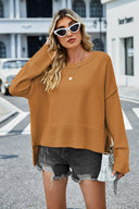 High-Low Slit Round Neck Long Sleeve Sweater-Rae Collective, Women's Online Fashion Boutique Located in Phoenix, Arizona (Scottsdale Area)