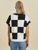 Double Take Full Size Checkered Round Neck Short Sleeve Sweater-Tops-Rae Collective, Women's Online Fashion Boutique Located in Phoenix, Arizona (Scottsdale Area)