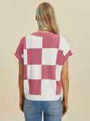 Double Take Full Size Checkered Round Neck Short Sleeve Sweater-Tops-Rae Collective, Women's Online Fashion Boutique Located in Phoenix, Arizona (Scottsdale Area)