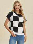 Double Take Full Size Checkered Round Neck Short Sleeve Sweater-Tops-Rae Collective, Women's Online Fashion Boutique Located in Phoenix, Arizona (Scottsdale Area)